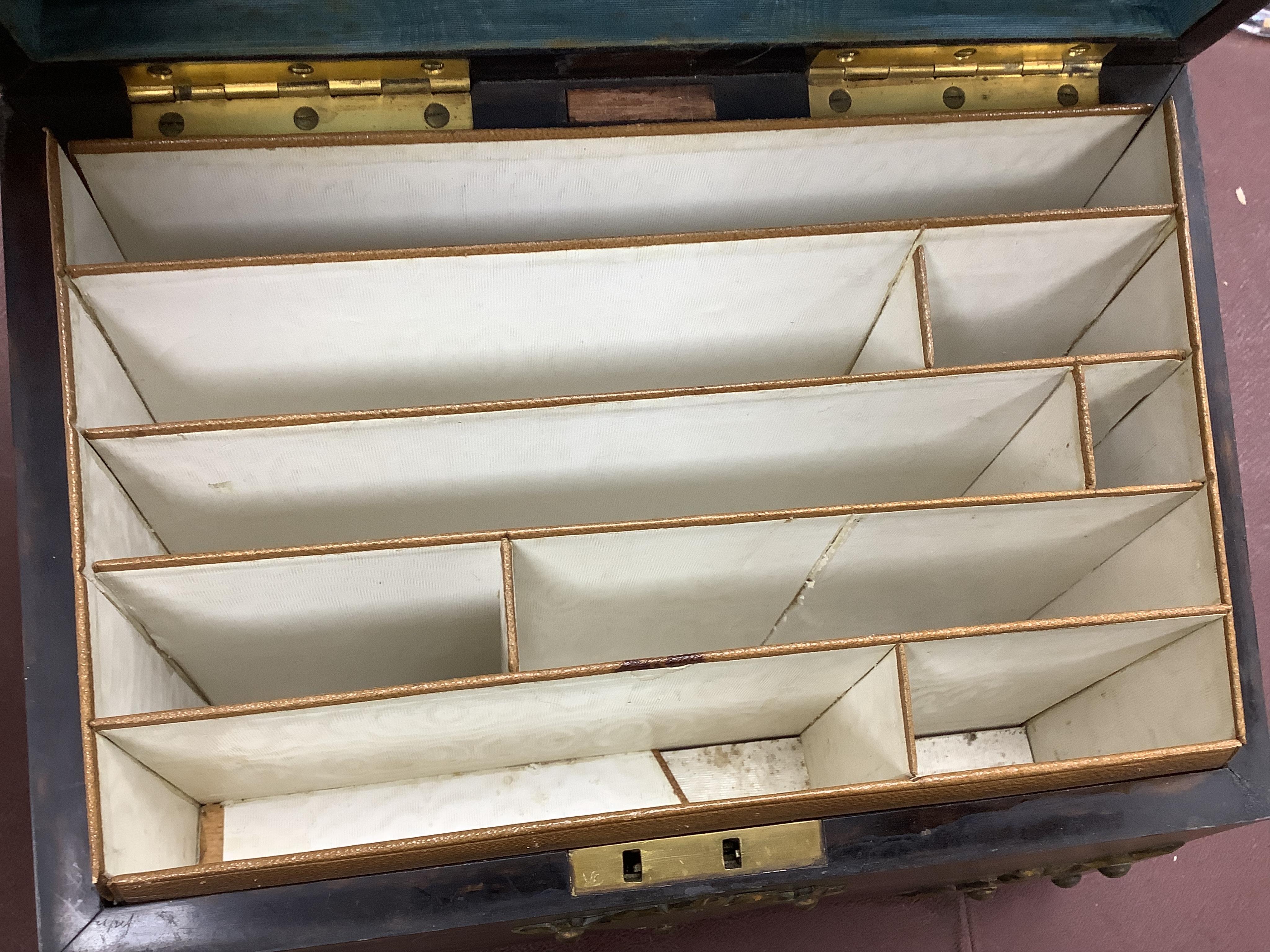 A Victorian brass mounted coromandel stationery box with inset jasper mount, silk lining, 24cm wide. Condition - fair/good